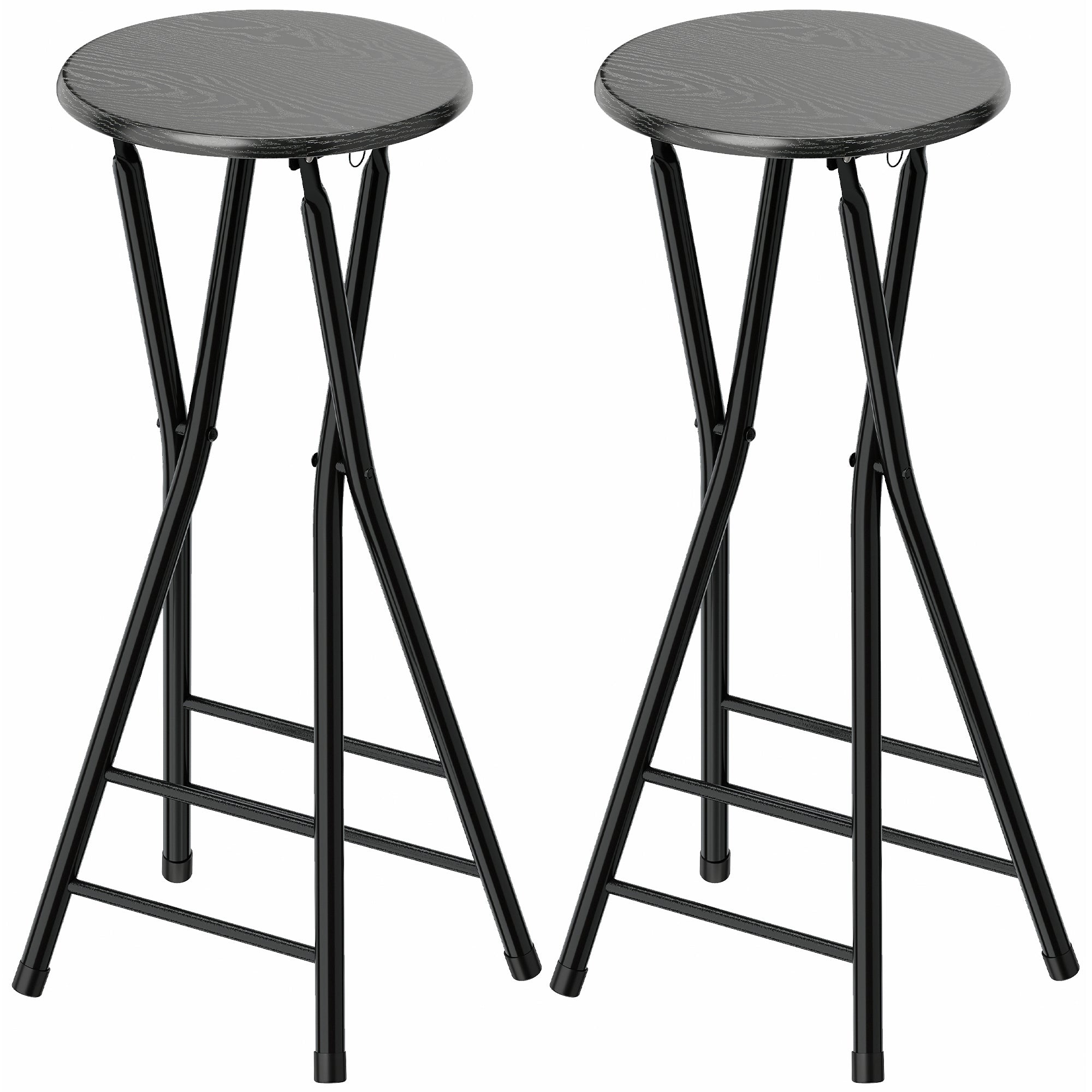 Set of 2 Folding Bar Stools, Round High Kitchen Counter Stools with Dual Footrests, Wood & Steel Frame, Black
