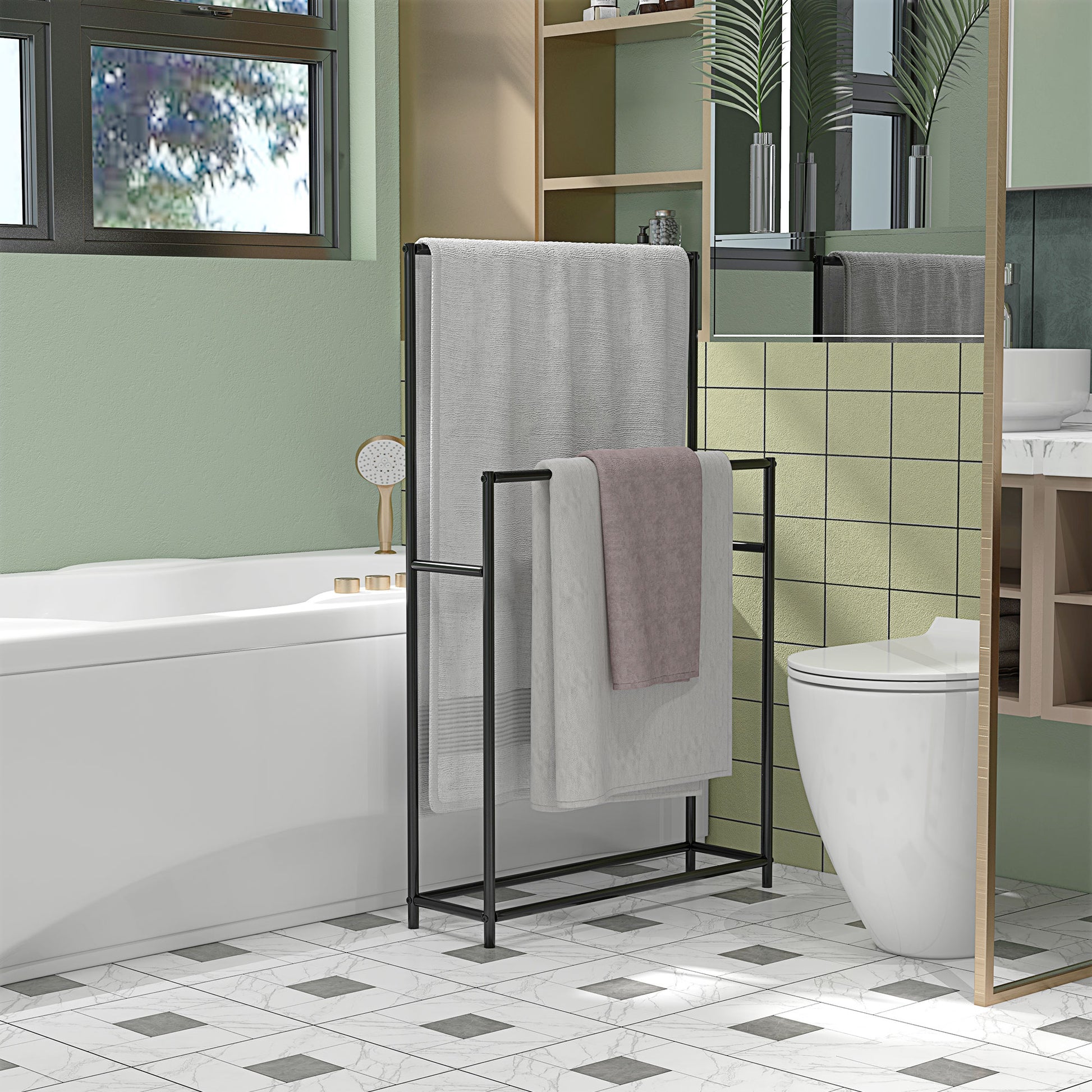 Towel Stand, Freestanding Towel Holder with 2 Towel Bars, Bath Towel Rack for Bathroom, Metal, 66 x 20 x 110 cm, Black