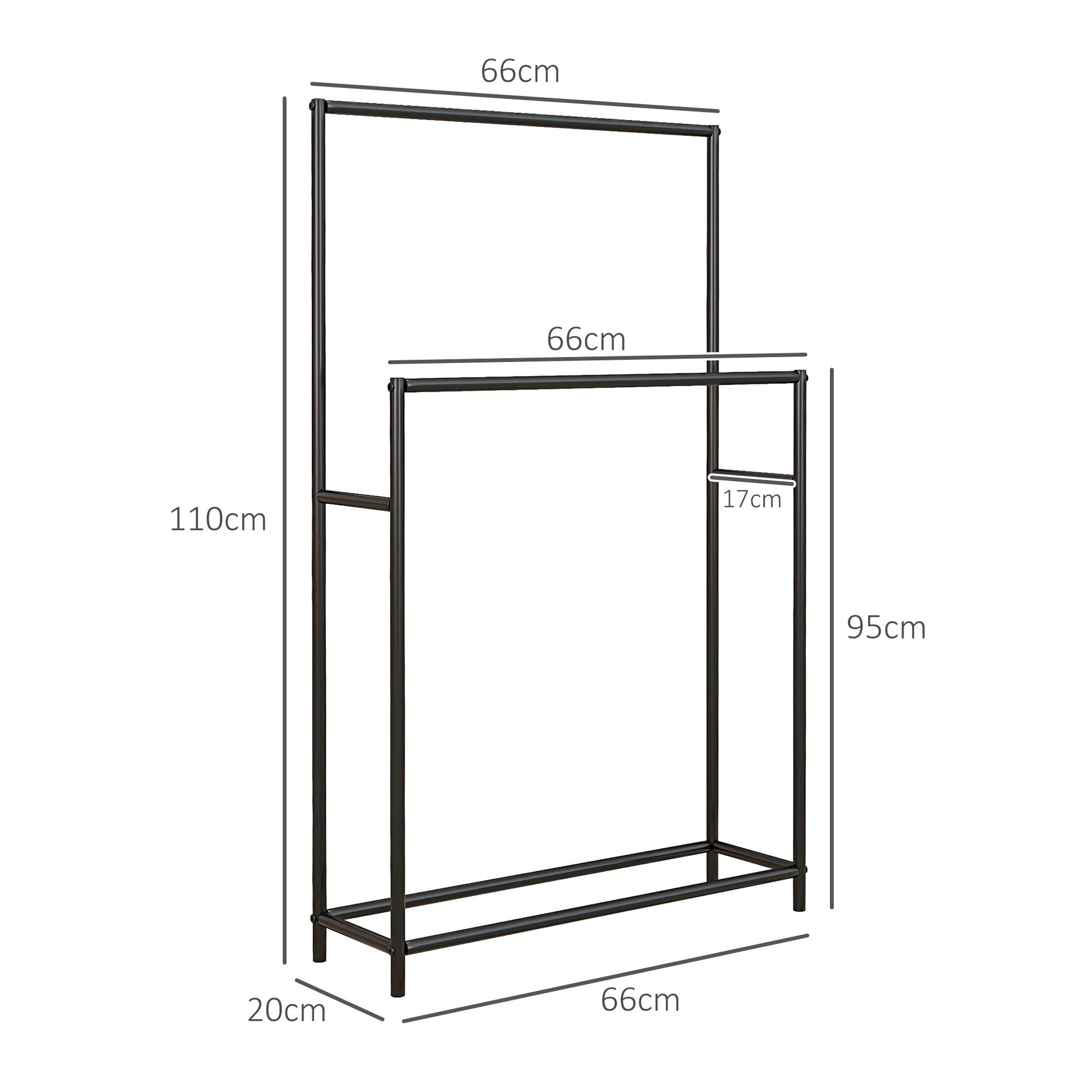 Towel Stand, Freestanding Towel Holder with 2 Towel Bars, Bath Towel Rack for Bathroom, Metal, 66 x 20 x 110 cm, Black