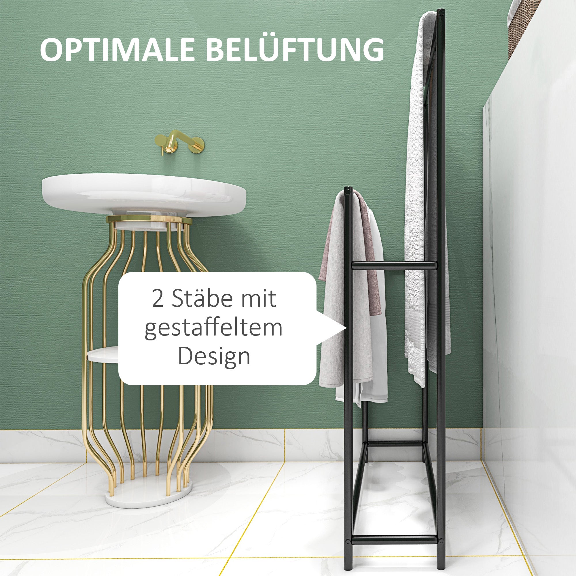 Towel Stand, Freestanding Towel Holder with 2 Towel Bars, Bath Towel Rack for Bathroom, Metal, 66 x 20 x 110 cm, Black