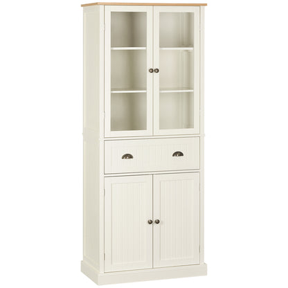 Kitchen Pantry Cabinet Kitchen Cabinet with 2 Glass Doors, 1 Drawer, and Adjustable Shelves Sideboard for Dining Room Living Room 76x40x182.5 cm Cream