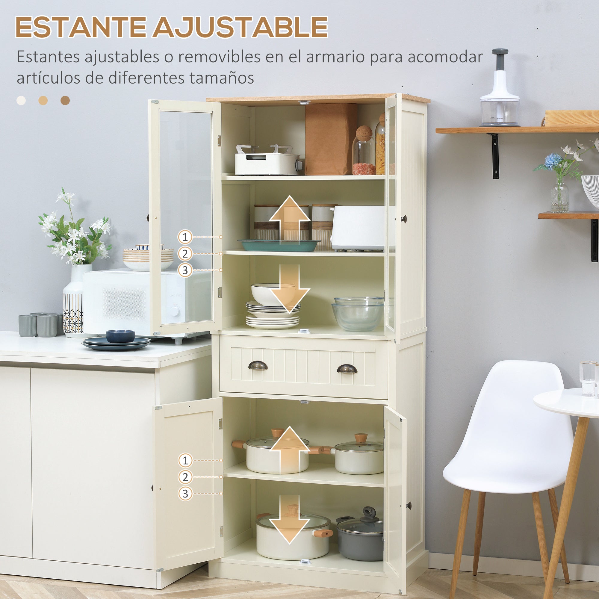 Kitchen Pantry Cabinet Kitchen Cabinet with 2 Glass Doors, 1 Drawer, and Adjustable Shelves Sideboard for Dining Room Living Room 76x40x182.5 cm Cream