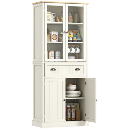 Kitchen Pantry Cabinet Kitchen Cabinet with 2 Glass Doors, 1 Drawer, and Adjustable Shelves Sideboard for Dining Room Living Room 76x40x182.5 cm Cream