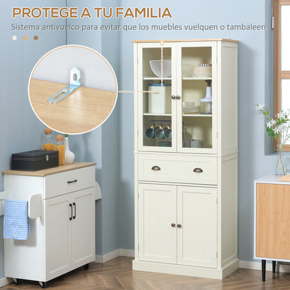 Kitchen Pantry Cabinet Kitchen Cabinet with 2 Glass Doors, 1 Drawer, and Adjustable Shelves Sideboard for Dining Room Living Room 76x40x182.5 cm Cream