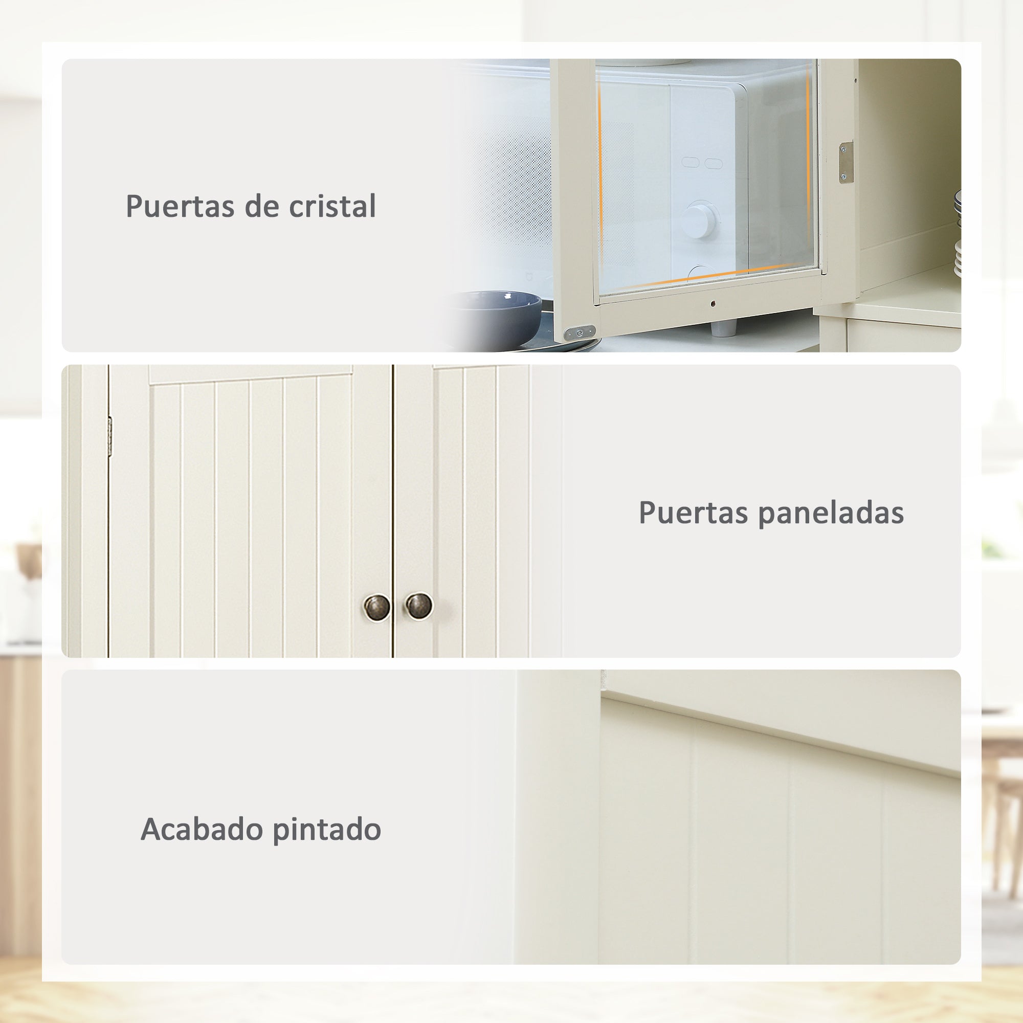 Kitchen Pantry Cabinet Kitchen Cabinet with 2 Glass Doors, 1 Drawer, and Adjustable Shelves Sideboard for Dining Room Living Room 76x40x182.5 cm Cream
