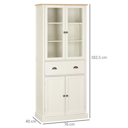 Kitchen Pantry Cabinet Kitchen Cabinet with 2 Glass Doors, 1 Drawer, and Adjustable Shelves Sideboard for Dining Room Living Room 76x40x182.5 cm Cream