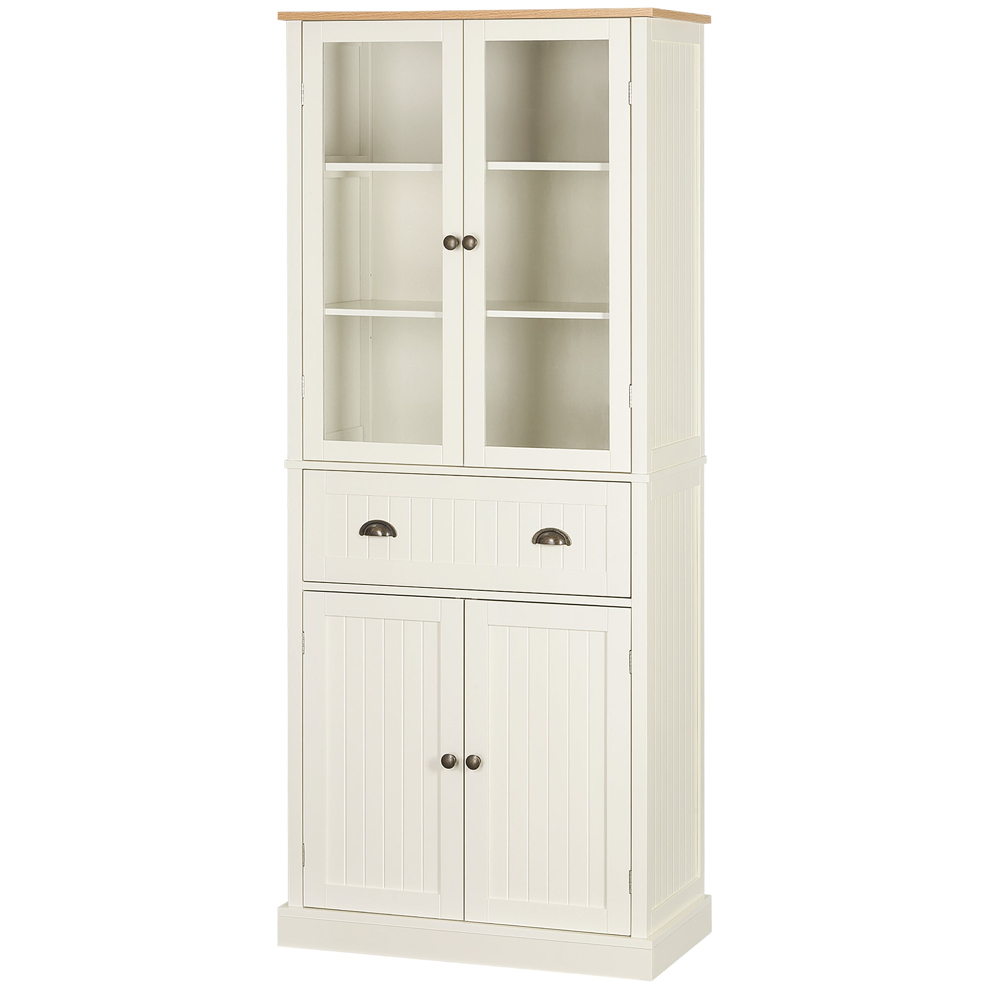 Kitchen Pantry Cabinet Kitchen Cabinet with 2 Glass Doors, 1 Drawer, and Adjustable Shelves Sideboard for Dining Room Living Room 76x40x182.5 cm Cream