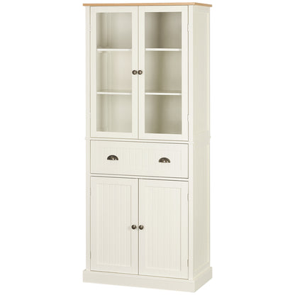 Kitchen Pantry Cabinet Kitchen Cabinet with 2 Glass Doors, 1 Drawer, and Adjustable Shelves Sideboard for Dining Room Living Room 76x40x182.5 cm Cream