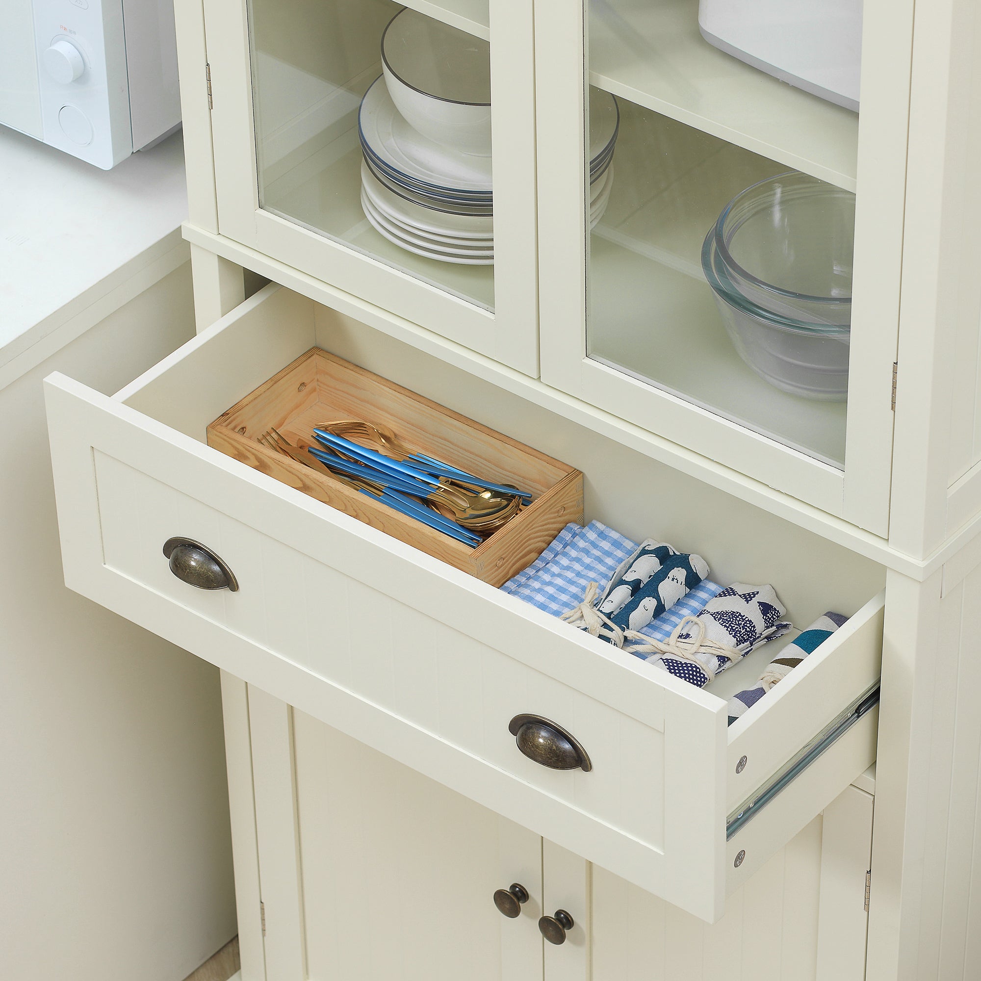Kitchen Pantry Cabinet Kitchen Cabinet with 2 Glass Doors, 1 Drawer, and Adjustable Shelves Sideboard for Dining Room Living Room 76x40x182.5 cm Cream