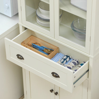 Kitchen Pantry Cabinet Kitchen Cabinet with 2 Glass Doors, 1 Drawer, and Adjustable Shelves Sideboard for Dining Room Living Room 76x40x182.5 cm Cream