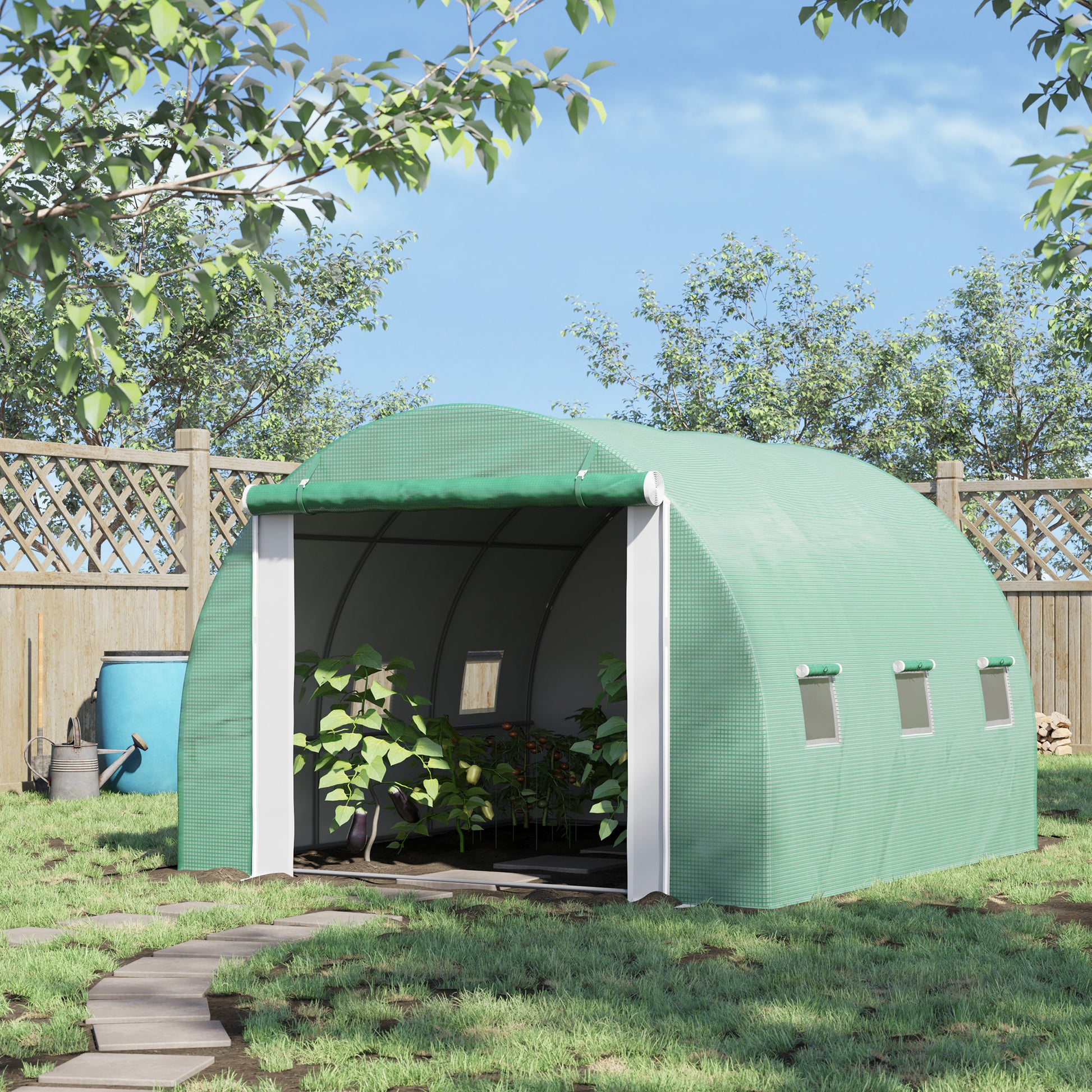 Garden Greenhouse 3x3x2m, Garden Tunnel Greenhouse with 1 Door and 6 Windows, Double PE and Non-Woven Fabric Cover, Galvanized Steel Structure