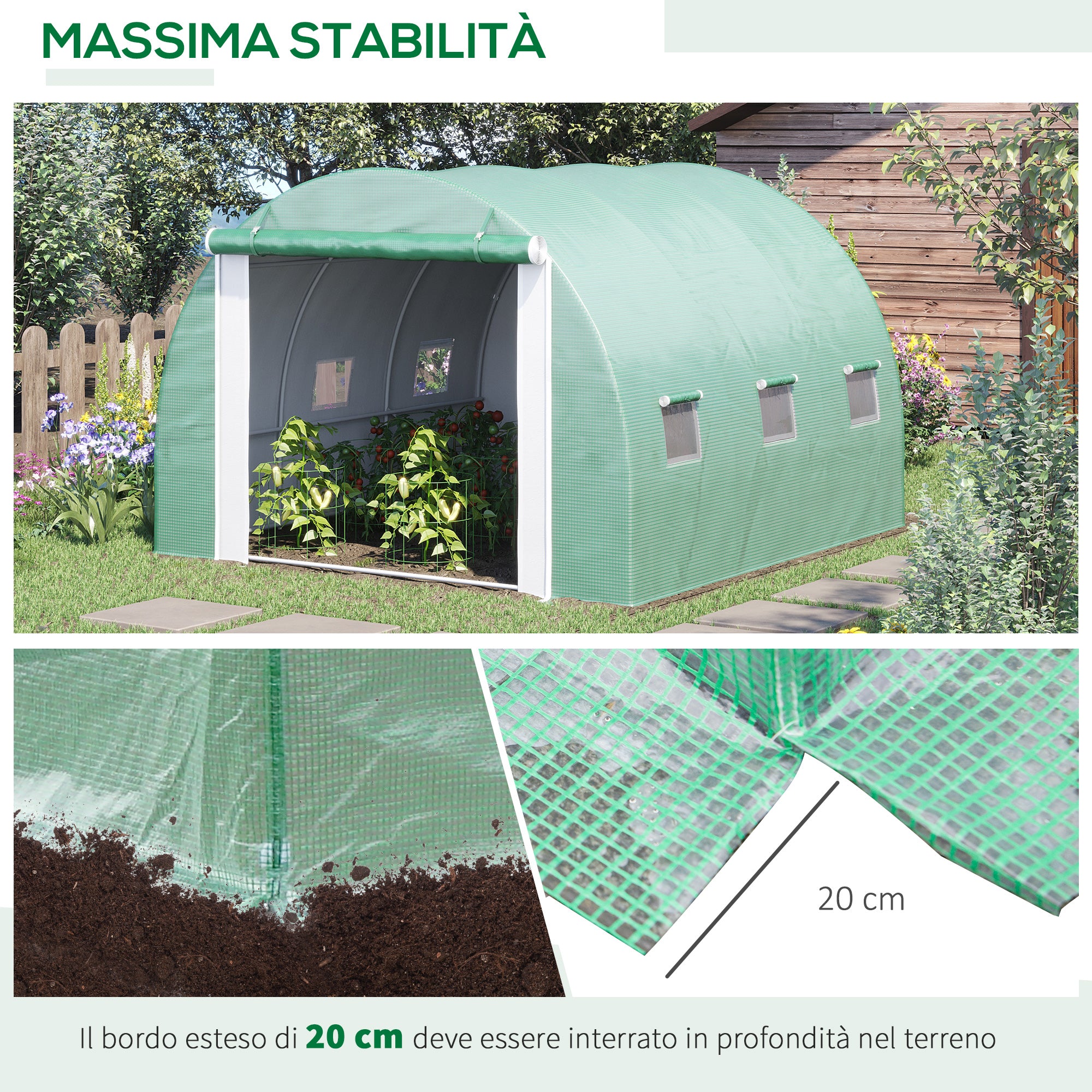 Garden Greenhouse 3x3x2m, Garden Tunnel Greenhouse with 1 Door and 6 Windows, Double PE and Non-Woven Fabric Cover, Galvanized Steel Structure