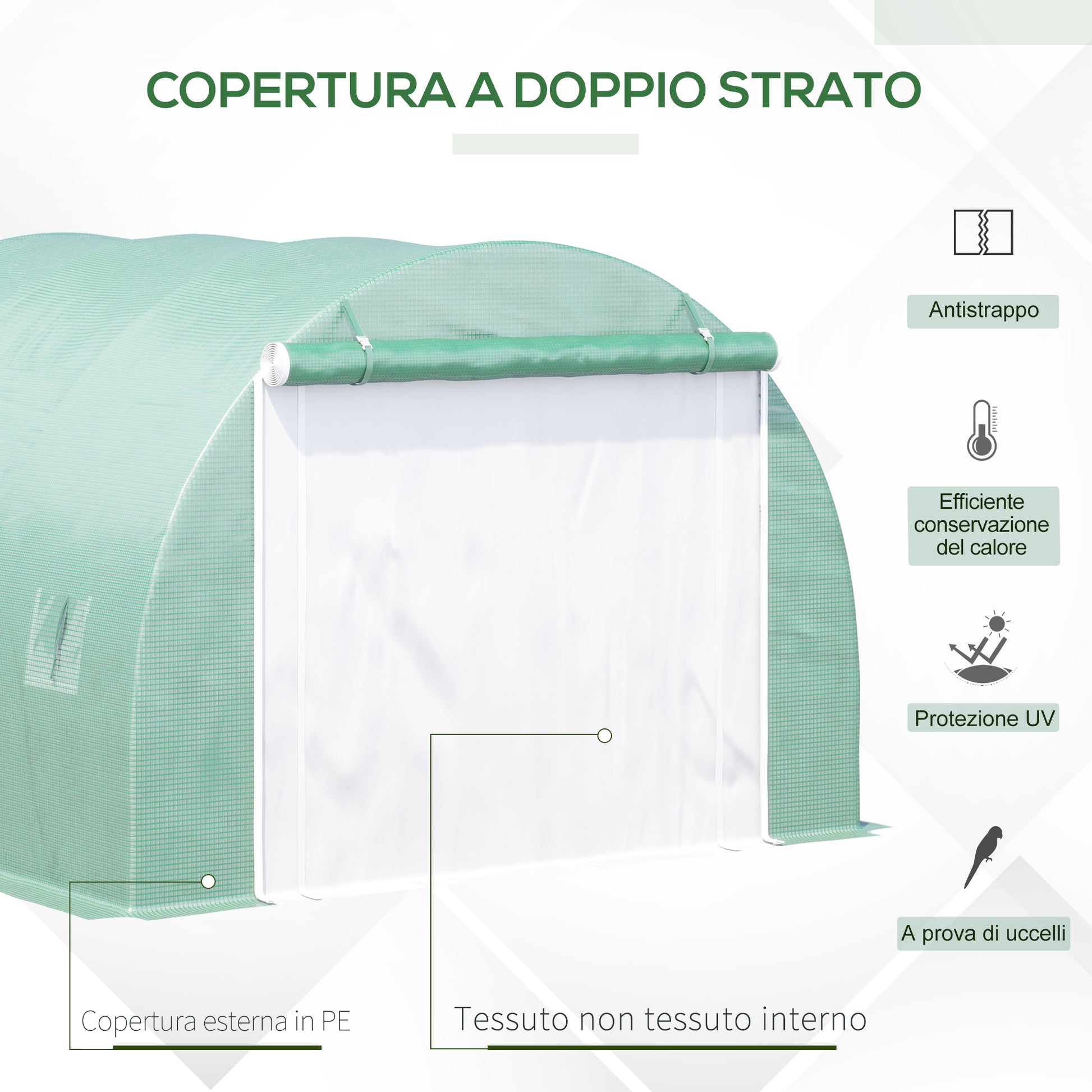 Garden Greenhouse 3x3x2m, Garden Tunnel Greenhouse with 1 Door and 6 Windows, Double PE and Non-Woven Fabric Cover, Galvanized Steel Structure