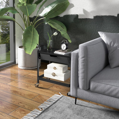 Serving Trolley with 2 Levels Kitchen Cart with Wheels Roll Cart with 1 Drawer, 1 Shelf, Hooks, Kitchen Shelf Utility Cart for Kitchen Office Bathroom, Black