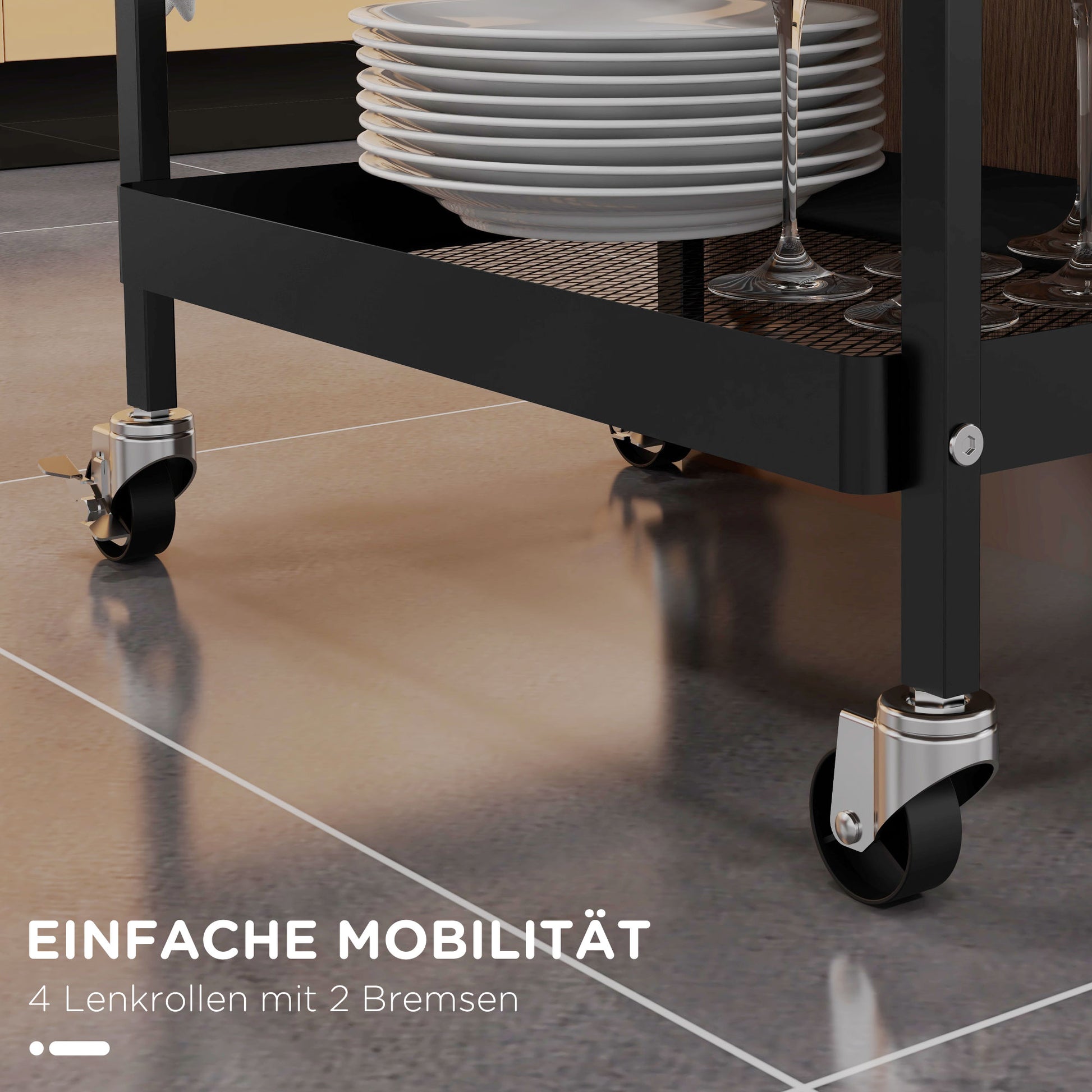 Serving Trolley with 2 Levels Kitchen Cart with Wheels Roll Cart with 1 Drawer, 1 Shelf, Hooks, Kitchen Shelf Utility Cart for Kitchen Office Bathroom, Black