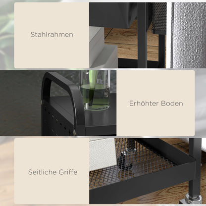 Serving Trolley with 2 Levels Kitchen Cart with Wheels Roll Cart with 1 Drawer, 1 Shelf, Hooks, Kitchen Shelf Utility Cart for Kitchen Office Bathroom, Black