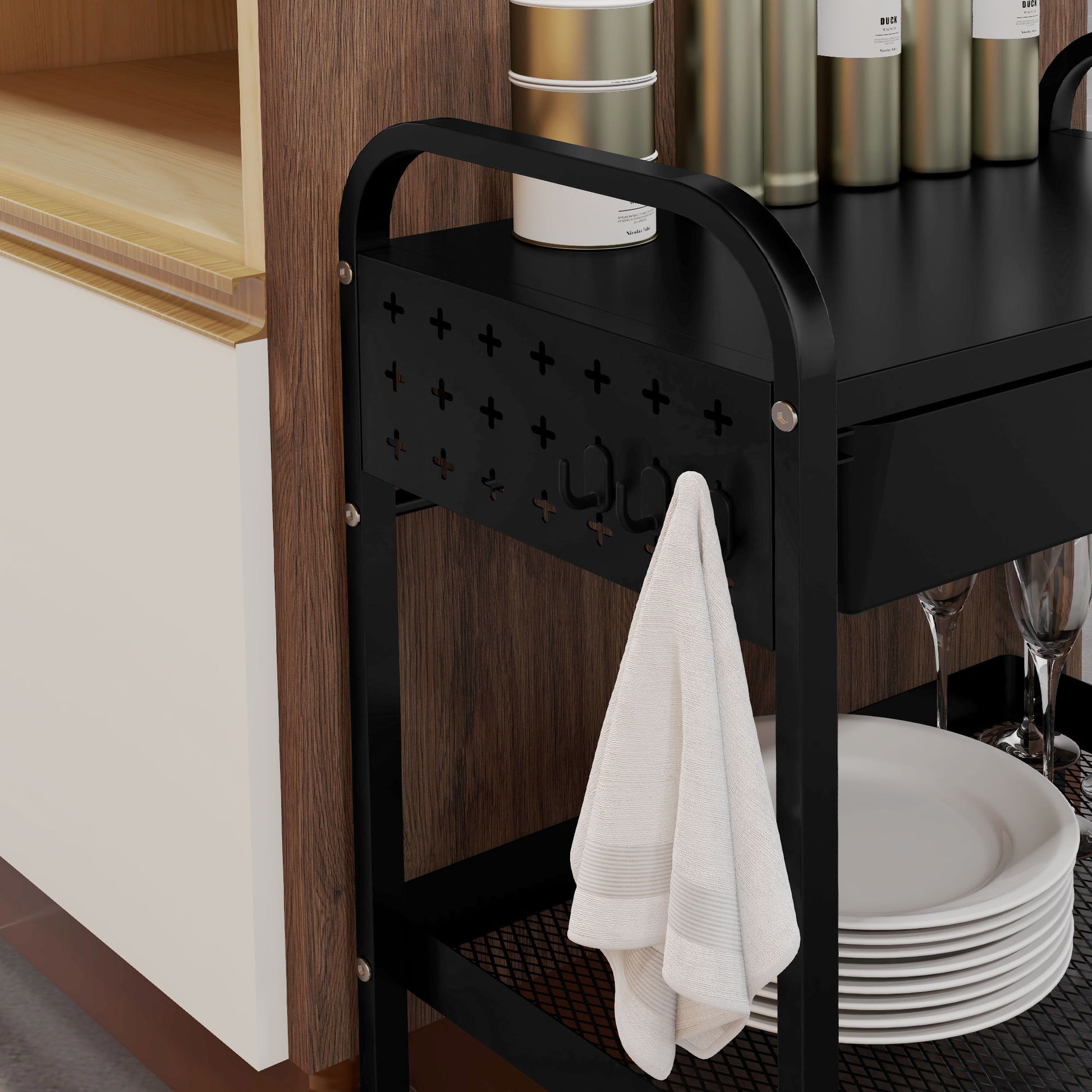 Serving Trolley with 2 Levels Kitchen Cart with Wheels Roll Cart with 1 Drawer, 1 Shelf, Hooks, Kitchen Shelf Utility Cart for Kitchen Office Bathroom, Black