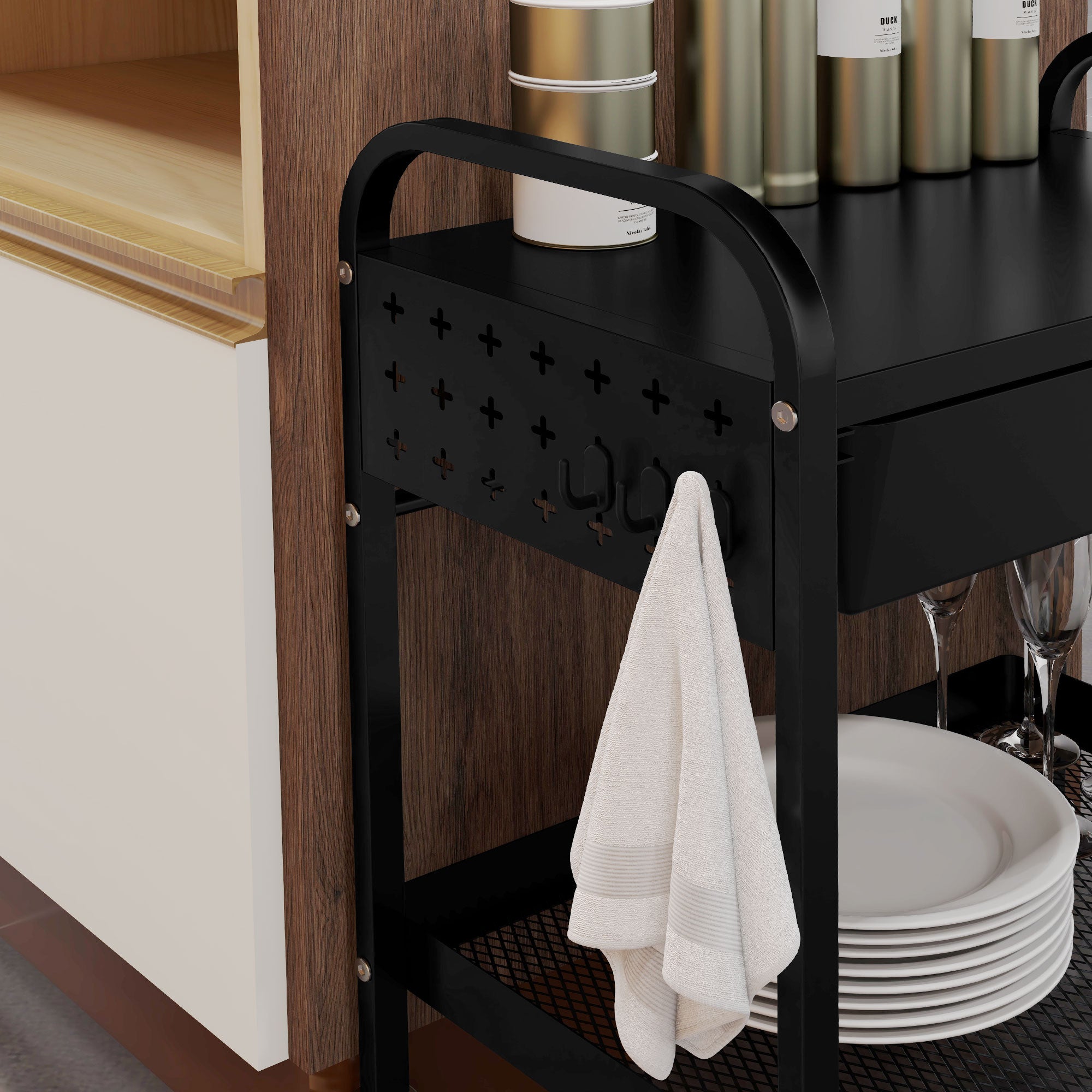 Serving Trolley with 2 Levels Kitchen Cart with Wheels Roll Cart with 1 Drawer, 1 Shelf, Hooks, Kitchen Shelf Utility Cart for Kitchen Office Bathroom, Black