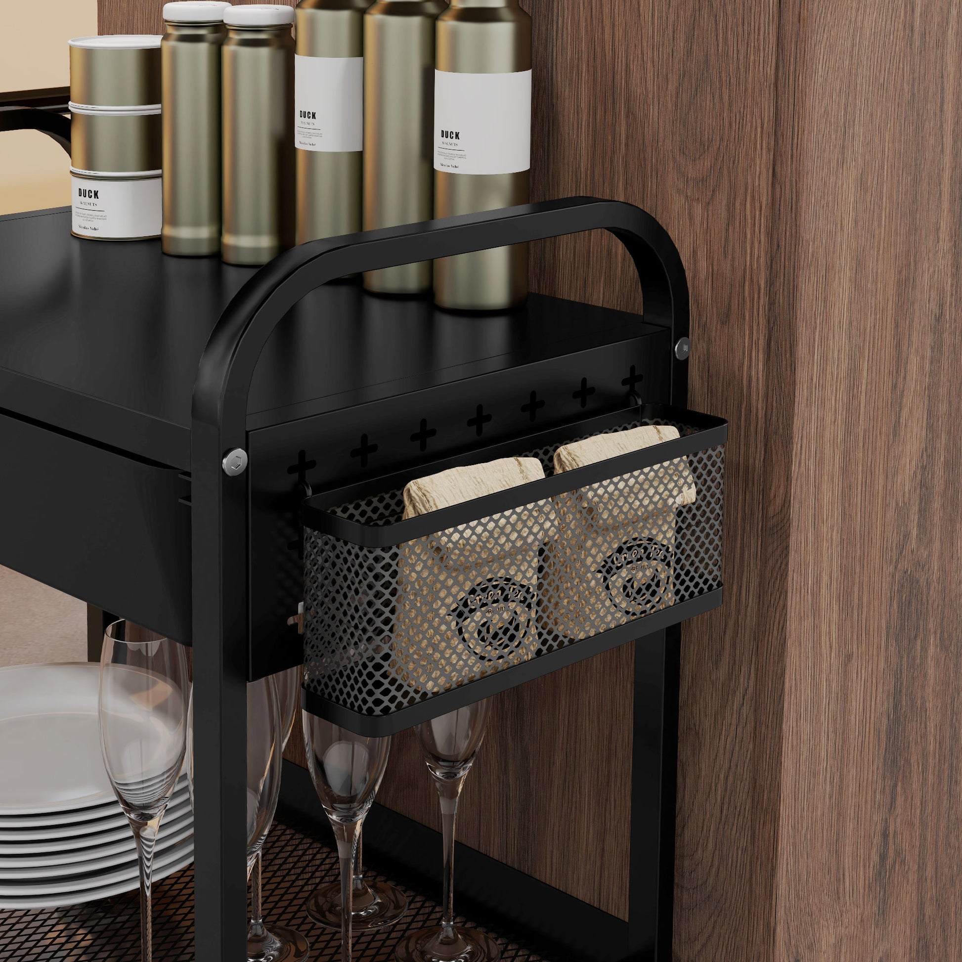 Serving Trolley with 2 Levels Kitchen Cart with Wheels Roll Cart with 1 Drawer, 1 Shelf, Hooks, Kitchen Shelf Utility Cart for Kitchen Office Bathroom, Black