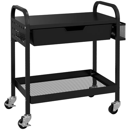 Serving Trolley with 2 Levels Kitchen Cart with Wheels Roll Cart with 1 Drawer, 1 Shelf, Hooks, Kitchen Shelf Utility Cart for Kitchen Office Bathroom, Black