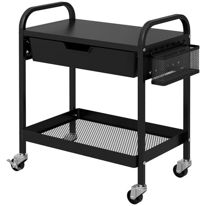 Serving Trolley with 2 Levels Kitchen Cart with Wheels Roll Cart with 1 Drawer, 1 Shelf, Hooks, Kitchen Shelf Utility Cart for Kitchen Office Bathroom, Black