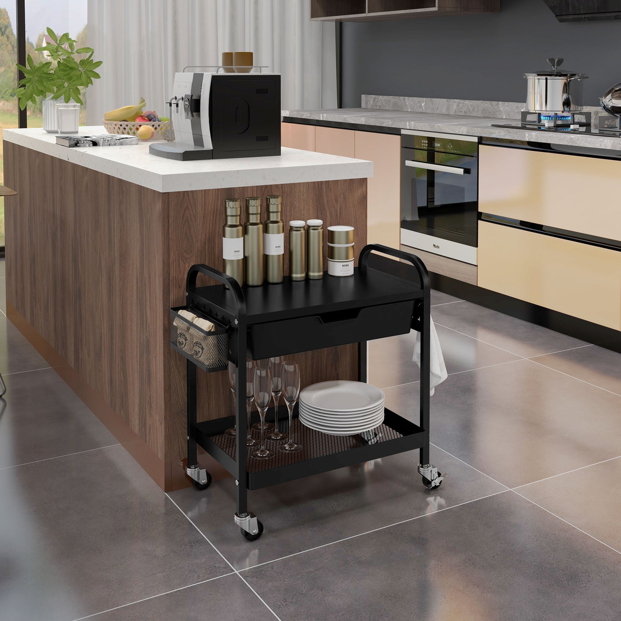 Serving Trolley with 2 Levels Kitchen Cart with Wheels Roll Cart with 1 Drawer, 1 Shelf, Hooks, Kitchen Shelf Utility Cart for Kitchen Office Bathroom, Black