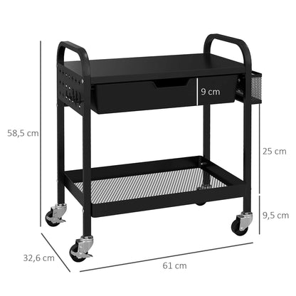 Serving Trolley with 2 Levels Kitchen Cart with Wheels Roll Cart with 1 Drawer, 1 Shelf, Hooks, Kitchen Shelf Utility Cart for Kitchen Office Bathroom, Black
