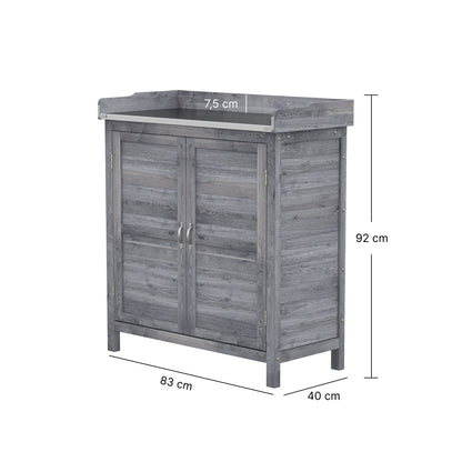 Potting Bench with Storage Cabinet — Fir/Spruce Wood Outdoor Garden Cabinet with Galvanized Worktop, 2 Shelves, Weather-Resistant, Gray (32.7" x 15.7" x 36.2")