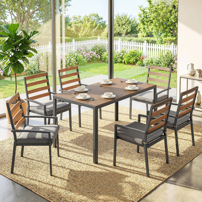 7-Piece Outdoor Dining Set — 1 Table & 6 Cushioned Chairs, Natural Wood Finish