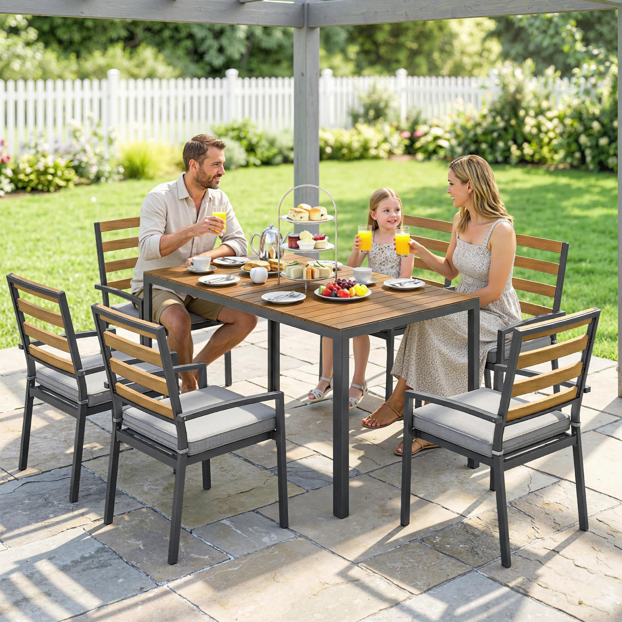 7-Piece Outdoor Dining Set — 1 Table & 6 Cushioned Chairs, Natural Wood Finish