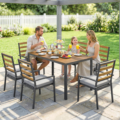 7-Piece Outdoor Dining Set — 1 Table & 6 Cushioned Chairs, Natural Wood Finish