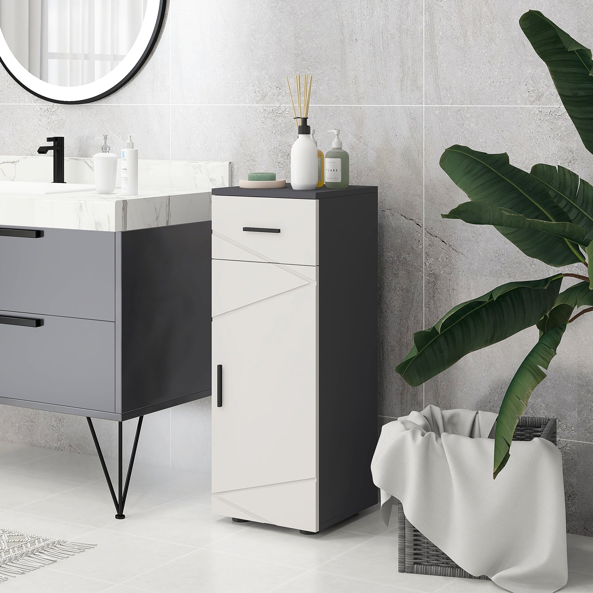 kleank Badezimmerschrank Badschrank schmal mit Schublade, verstellbaren Regalen Toilettenschrank Beistellschrank Nischenschrank für Badezimmer, kleine Räume, 30 x 30 x 82 cm Gray