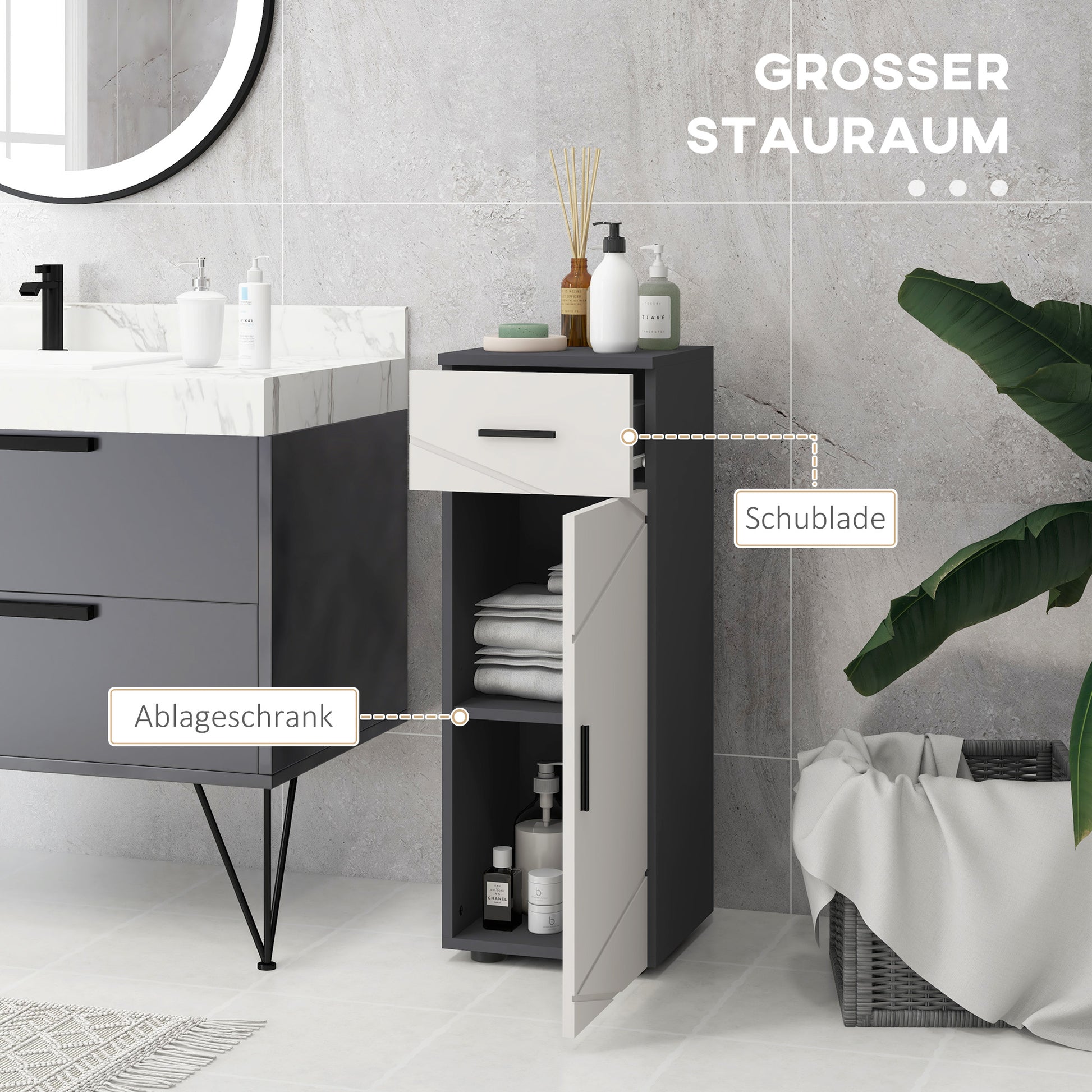 kleank Badezimmerschrank Badschrank schmal mit Schublade, verstellbaren Regalen Toilettenschrank Beistellschrank Nischenschrank für Badezimmer, kleine Räume, 30 x 30 x 82 cm Gray