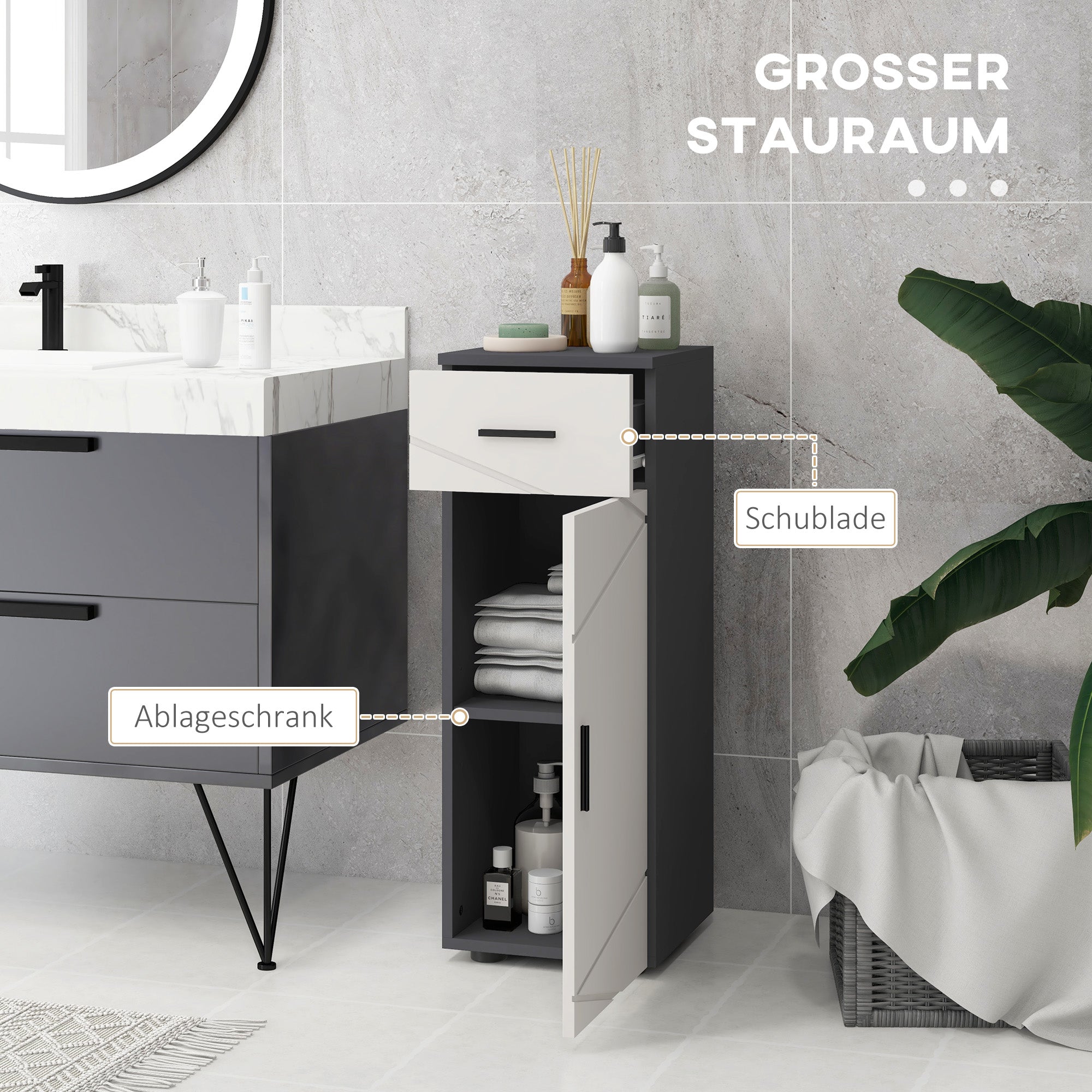 kleank Badezimmerschrank Badschrank schmal mit Schublade, verstellbaren Regalen Toilettenschrank Beistellschrank Nischenschrank für Badezimmer, kleine Räume, 30 x 30 x 82 cm Gray