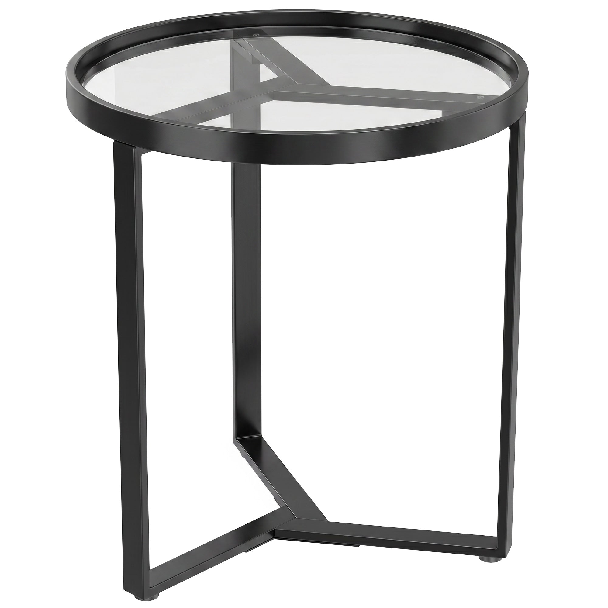 Round Glass Side Table with Geometric Metal Frame, Modern Accent Table for Small Spaces, Living Room & Bedroom, Black