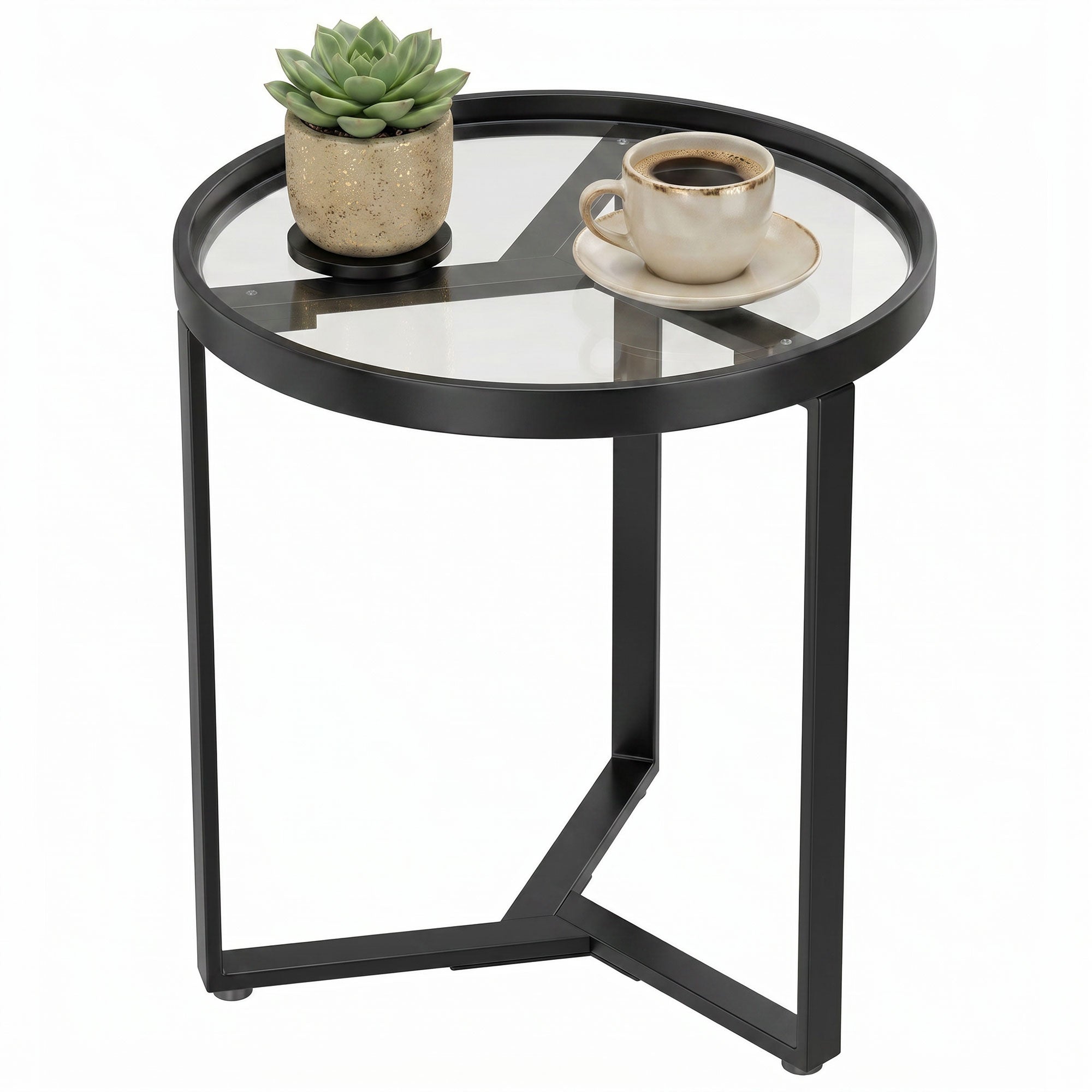 Round Glass Side Table with Geometric Metal Frame, Modern Accent Table for Small Spaces, Living Room & Bedroom, Black