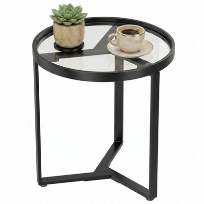 Round Glass Side Table with Geometric Metal Frame, Modern Accent Table for Small Spaces, Living Room & Bedroom, Black