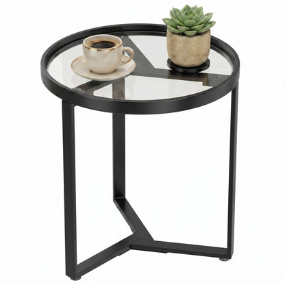 Round Glass Side Table with Geometric Metal Frame, Modern Accent Table for Small Spaces, Living Room & Bedroom, Black
