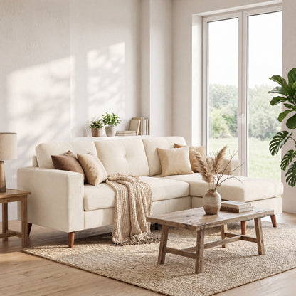 3-Seater L-Shape Corner Sofa with Reversible Chaise, Cord-Look Upholstery — Cream White (76" x 54" x 33")