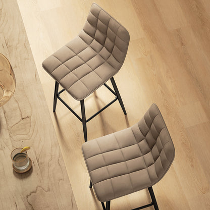 Set of 2 Nordic Style High Stools with Backrest and Footrest, Velvet Effect Fabric and Metal Stools, 45x47x84 cm, Brown