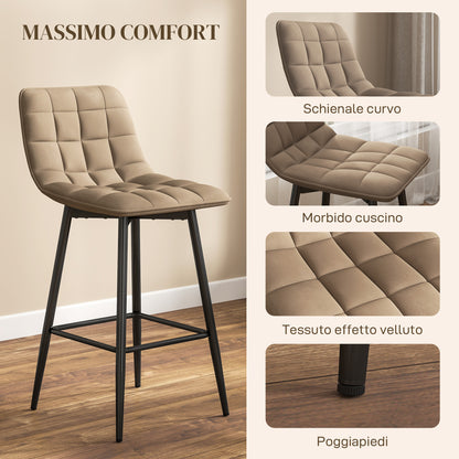 Set of 2 Nordic Style High Stools with Backrest and Footrest, Velvet Effect Fabric and Metal Stools, 45x47x84 cm, Brown