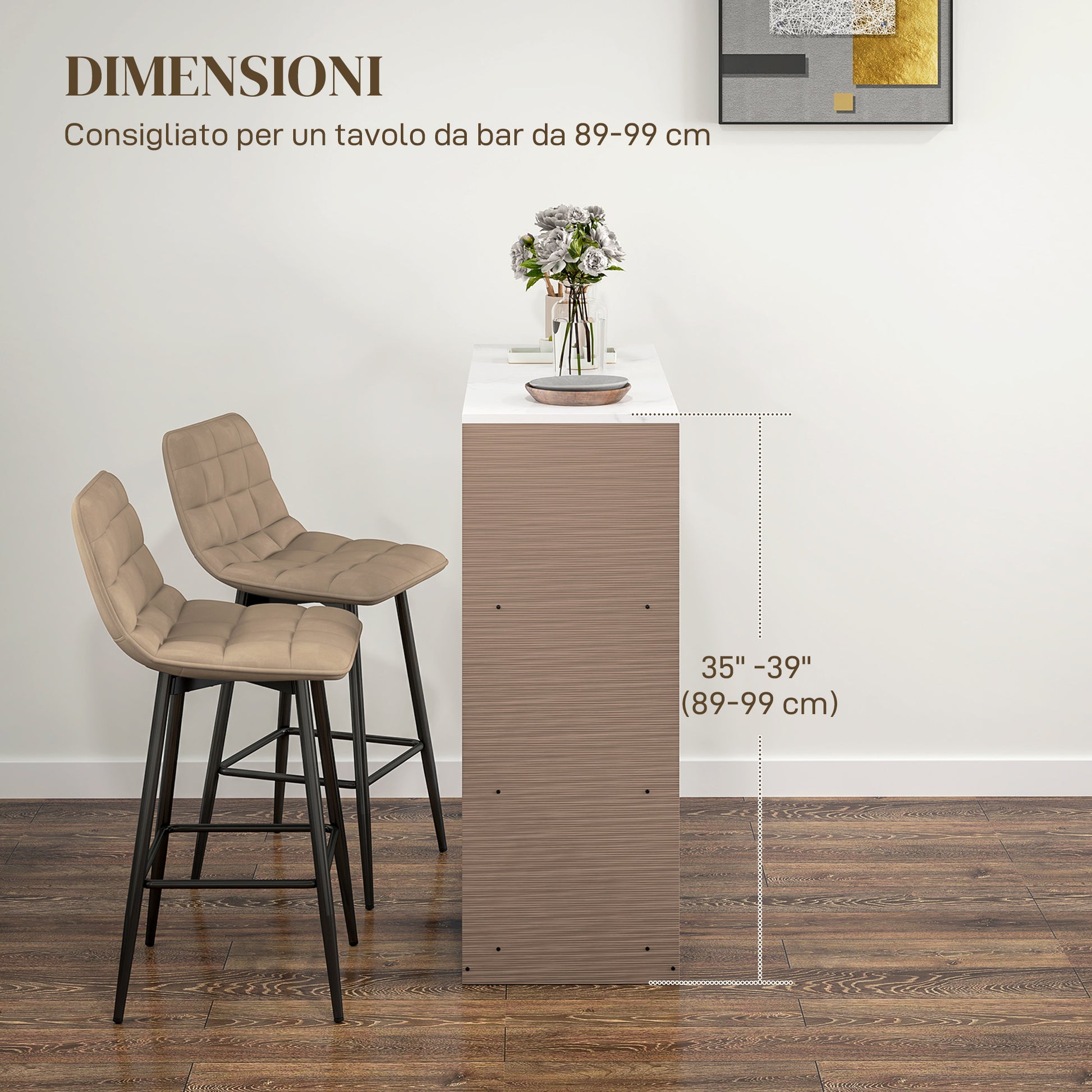 Set of 2 Nordic Style High Stools with Backrest and Footrest, Velvet Effect Fabric and Metal Stools, 45x47x84 cm, Brown