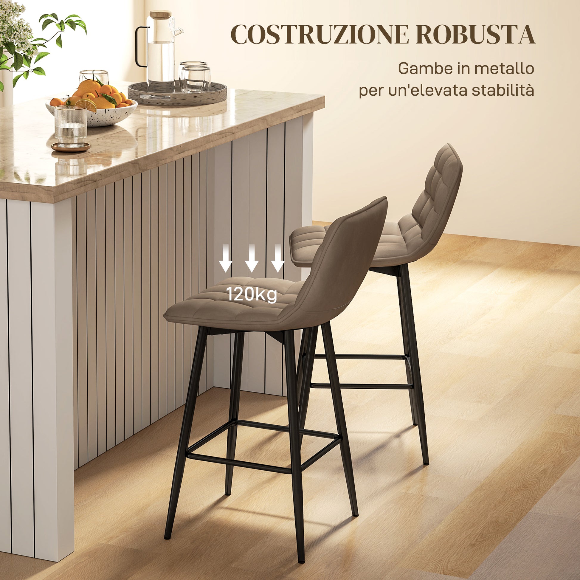 Set of 2 Nordic Style High Stools with Backrest and Footrest, Velvet Effect Fabric and Metal Stools, 45x47x84 cm, Brown