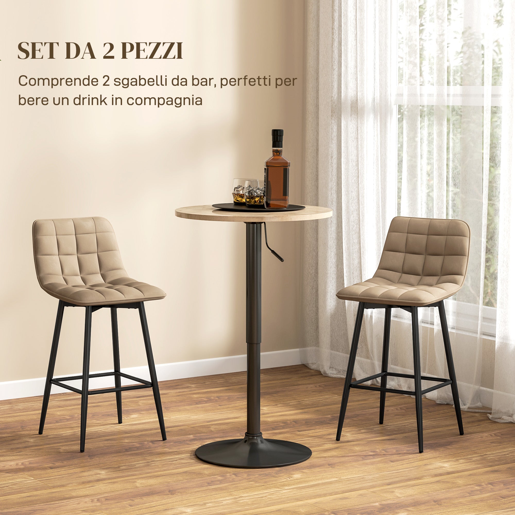 Set of 2 Nordic Style High Stools with Backrest and Footrest, Velvet Effect Fabric and Metal Stools, 45x47x84 cm, Brown