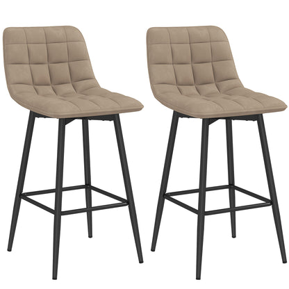 Set of 2 Nordic Style High Stools with Backrest and Footrest, Velvet Effect Fabric and Metal Stools, 45x47x84 cm, Brown