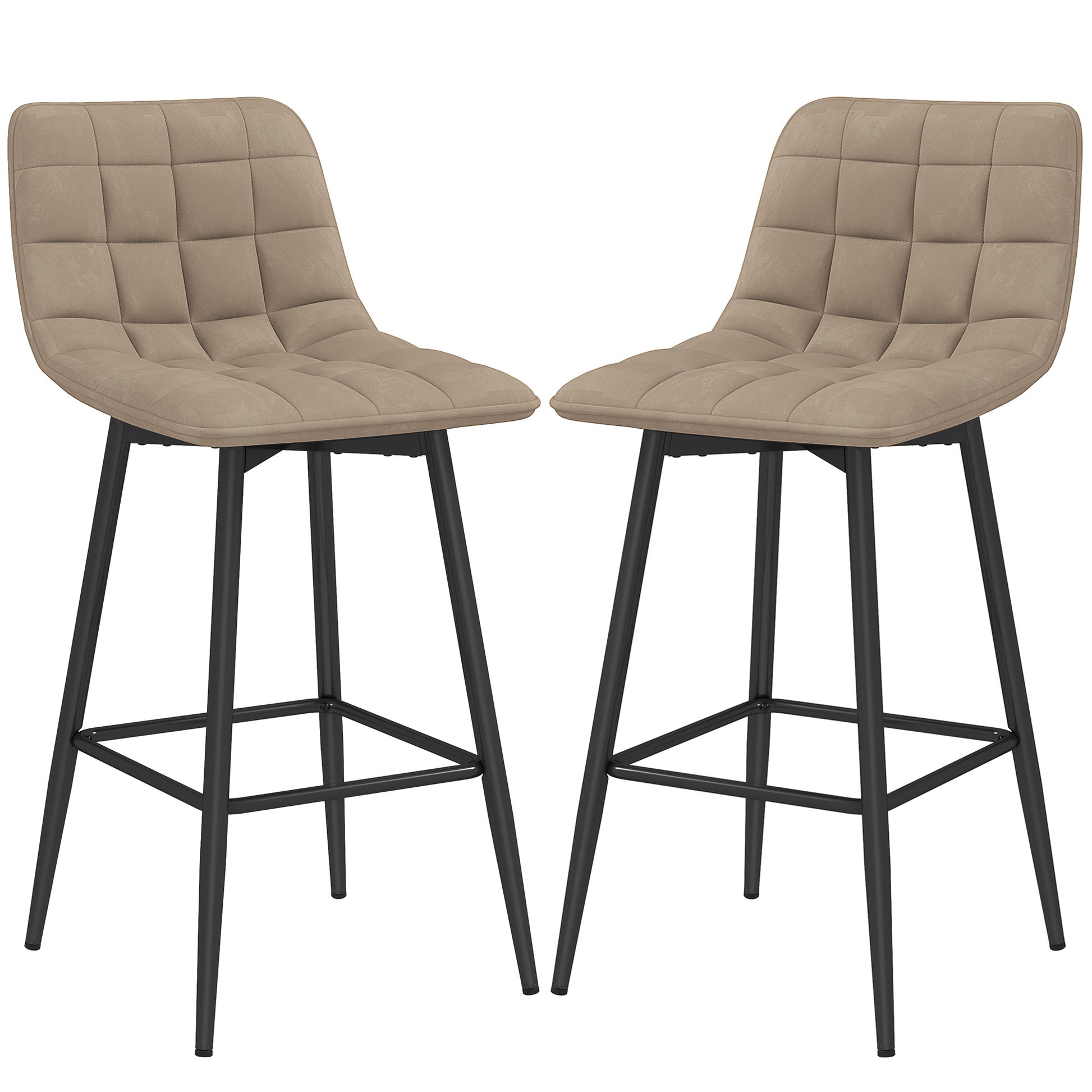 Set of 2 Nordic Style High Stools with Backrest and Footrest, Velvet Effect Fabric and Metal Stools, 45x47x84 cm, Brown