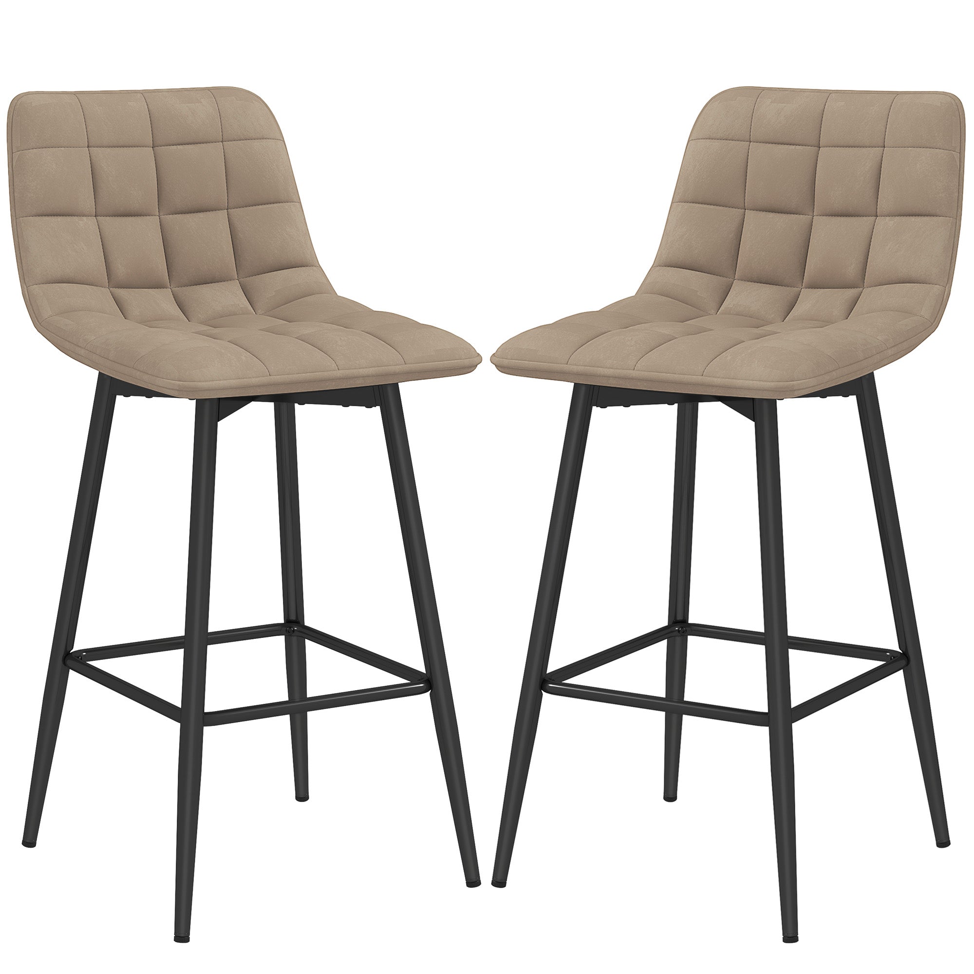 Set of 2 Nordic Style High Stools with Backrest and Footrest, Velvet Effect Fabric and Metal Stools, 45x47x84 cm, Brown