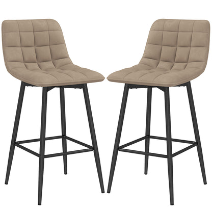 Set of 2 Nordic Style High Stools with Backrest and Footrest, Velvet Effect Fabric and Metal Stools, 45x47x84 cm, Brown