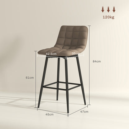 Set of 2 Nordic Style High Stools with Backrest and Footrest, Velvet Effect Fabric and Metal Stools, 45x47x84 cm, Brown
