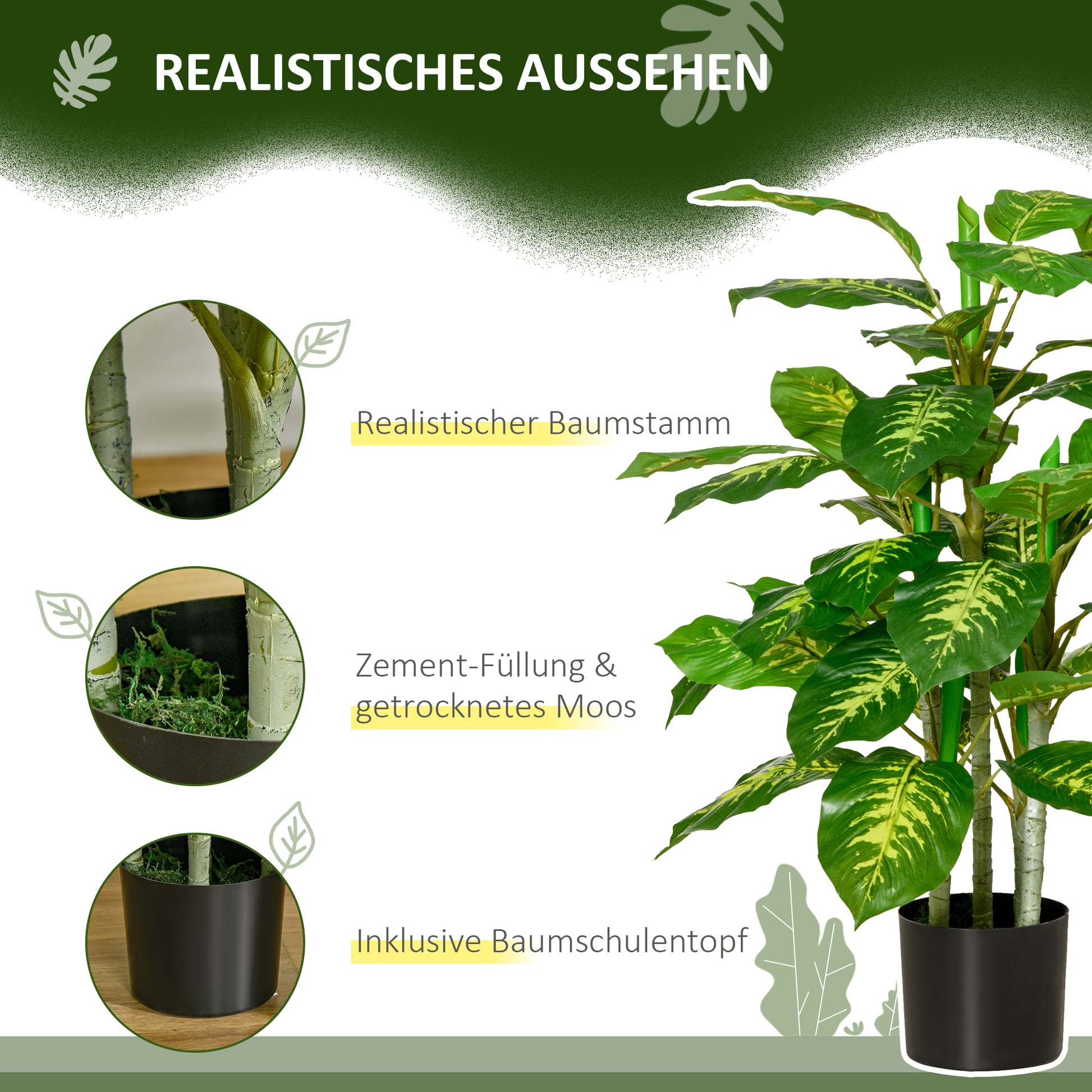 Large Artificial Dieffenbachia 95 cm Fake Plant, Artificial Dieffenbachia Plant in Pot, Artificial Tree with Artificial Grass for Living Room Bedroom Decor Garden
